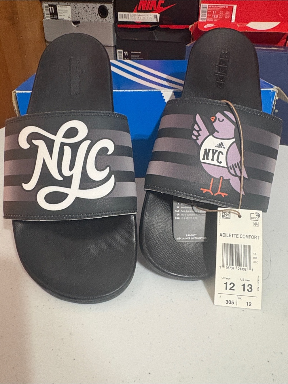 adidas Black Slide Sandals with NYC Script and Pigeon Graphic